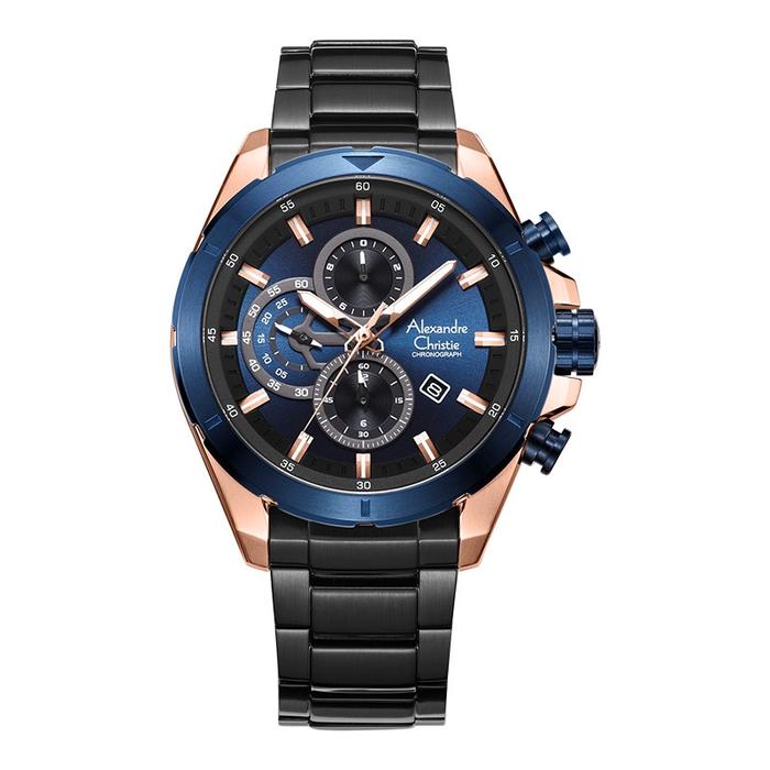 Jam Tangan Pria Alexandre Christie Chronograph AC 6508 MC BBRBUBU Men Blue Dial Black Stainless Stee