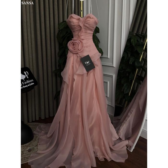 Sansa Customized ROSE Pink elegant S veless Satin Cascading Ruffle Prom Dresses Illusion vestidos de
