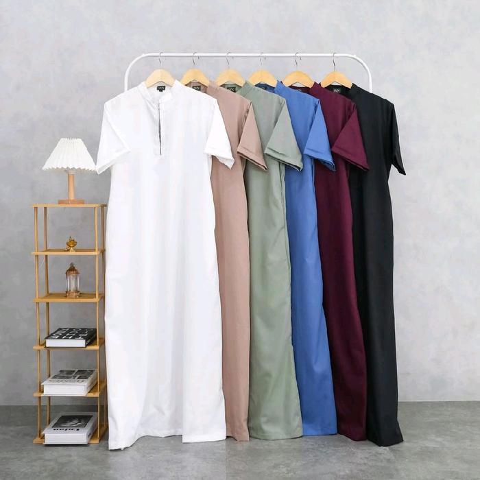 Azzam Jubah Pria Slimfit Gamis Lengan Pendek Halfzip Thobe Sanvanina Jubah Pria Katun Toyobo Thobe R