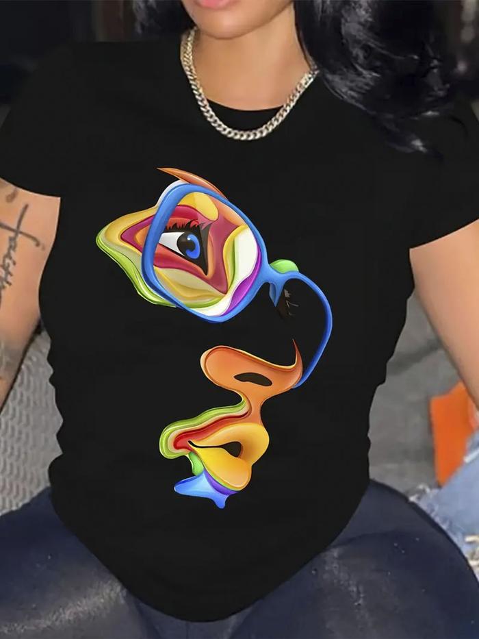 Camiseta de Manga Corta para Hombre Talla Grande, 1 Unidad - Estampado Geometrico Abstracto en con C