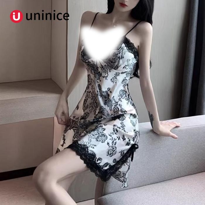 Istimewa UNINICE [COD] Suspender cetak porselen biru dicetak baju tidur seksi wanita renda Dress Das
