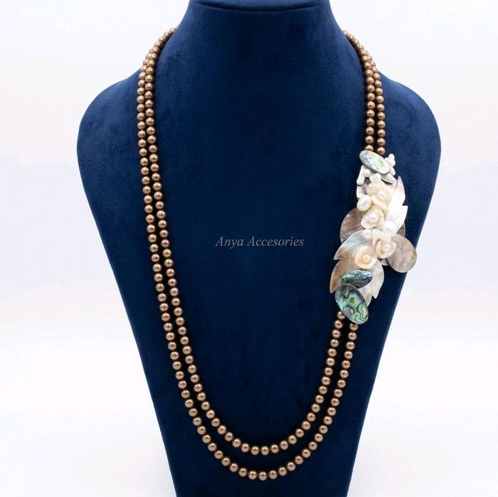 Kalung Mutiara Cangkang Kerang / Shell Brown (6mm)  Kombinasi Liontin Asli Kerang Abalon dan Barok M