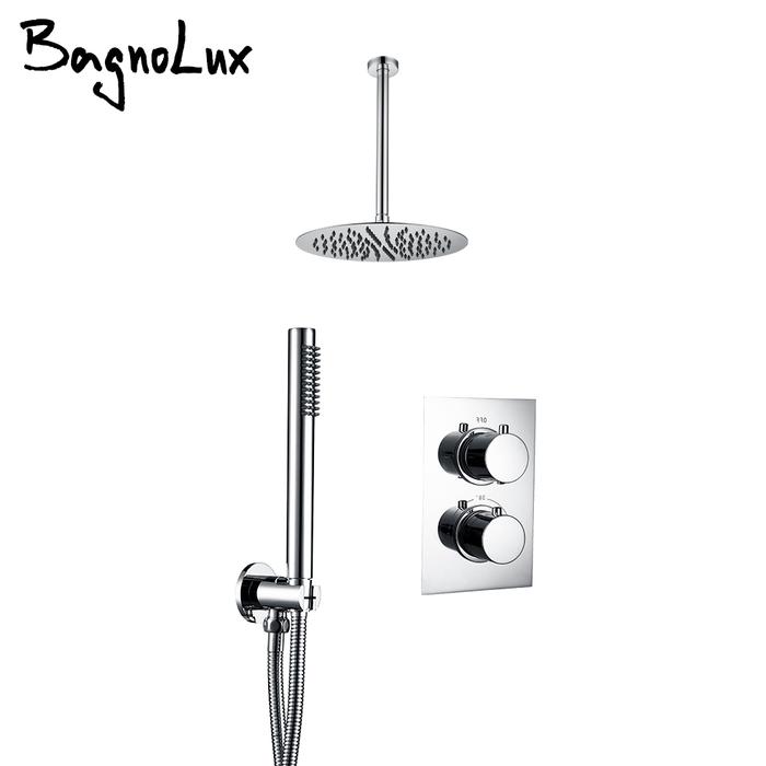 Thermostatic Shower Faucet Brushed Gold Rain Shower Set 8-16 Inch Rain Head Wall Mounted Ceiling Arm