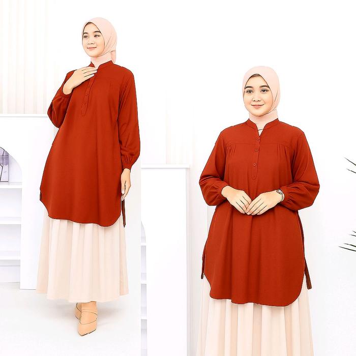 Atasan Muslim Wanita Tunik Katun Rayon polos JUMBO deres merah bata Kancing Lembut Karet Nyaman Panj