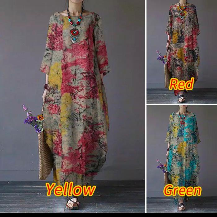 ZANZEA Women Casual Ptinted 3/4 Sleeve Side Pockets Maxi Dress terlaris