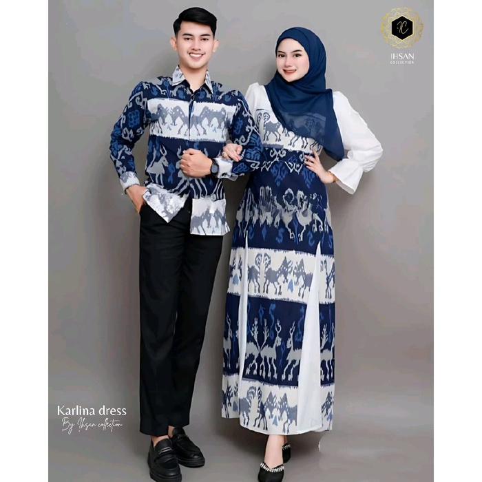 Baju Couple Ihsan Collection Tenun Warna Navy Motif Rusa - Atasan, Katun, Sarimbit, Ibu, Setelan, Ba
