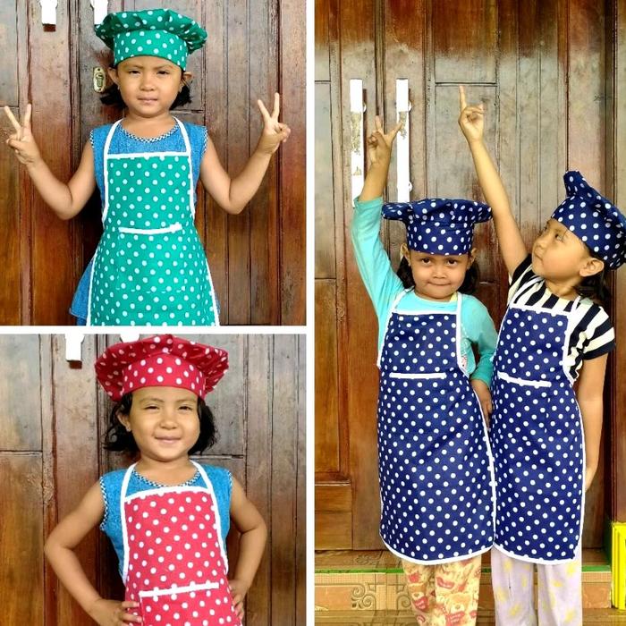 1 Set Celemek Apron dan Topi Koki Anak TK PAUD Motif Polkadot