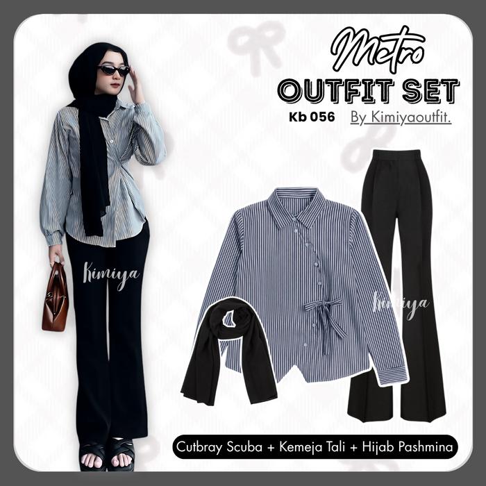 Kimiyaoutfit - 3 Iin 1 Metro Outfit Hijab Style { Kemeja Ikat + Cutbray Scuba + Hijab Pasmina } Sete