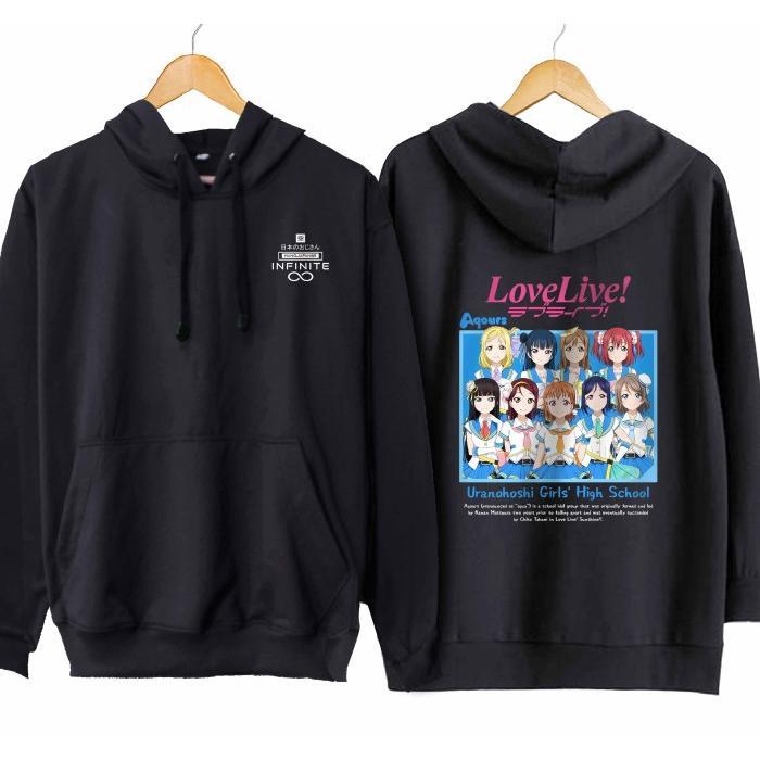 Jaket hoodie infinite love live! AQOURS MEMBER - AQOURS material cotton fleece - Hitam, M