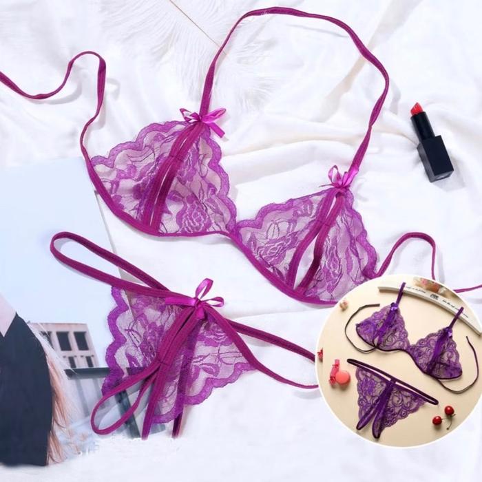 Lingerie Wanita Set Bra Open G String Lace Sexy Open Crotch bikini Transparan
