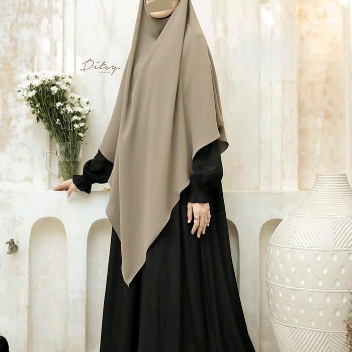 Ditsy Moslem Raina Black Viscose Vada Dress Wanita Gamis Wanita
