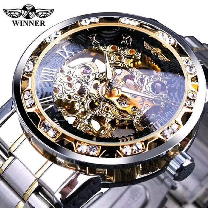 Winner diamond Warna Silver Hitam Gold (SHG) Jam Tangan Pria mekanik Automatic Tanpa Baterai Free bo