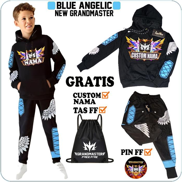 IMPERIUMKIDZ  Setelan Celana Anak Free Fire Angel dan Jaket Sweater FF Grandmaster Kaos Gaming Biru