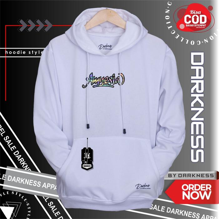 sweater hoodie unisex terlaris darkness warna putih list simple Amnesia sablon hologram premium meng
