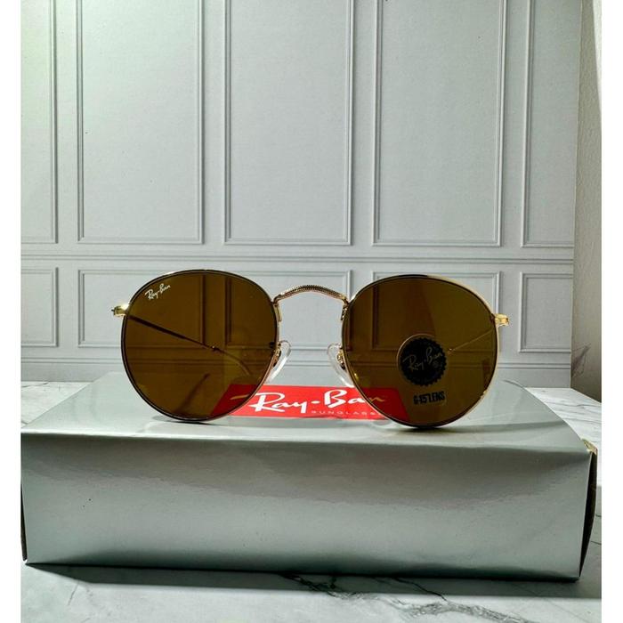 Kacamata Original RayBan RB3447 Round Metal Gold Brown Lensa Kaca Full set