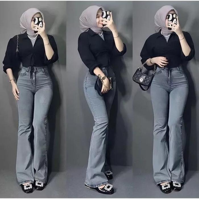 Zora Jeans Cutbray Highwaist Kekinian Celana Jeans Wanita Import Cutbray Stretch Premium Loose Hitam