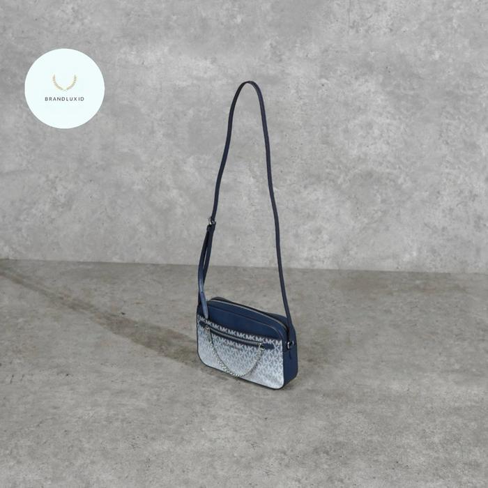 Michael Kors MK Monogram SHW Gradient White Chain Camera Bag in Navy