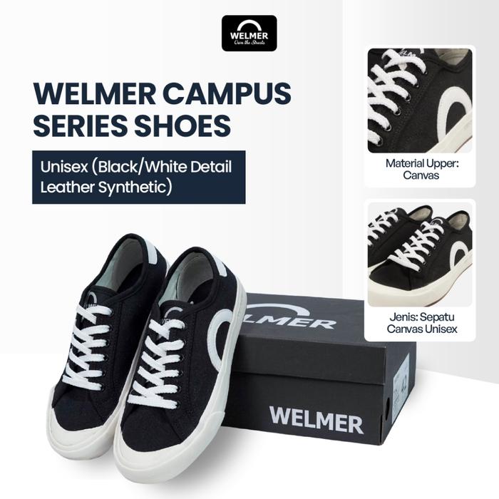 Sepatu Unisex Sneakers Pria Wanita Black / White WELMER Campus Series Kanvas Cowok  Low Cut Casual C