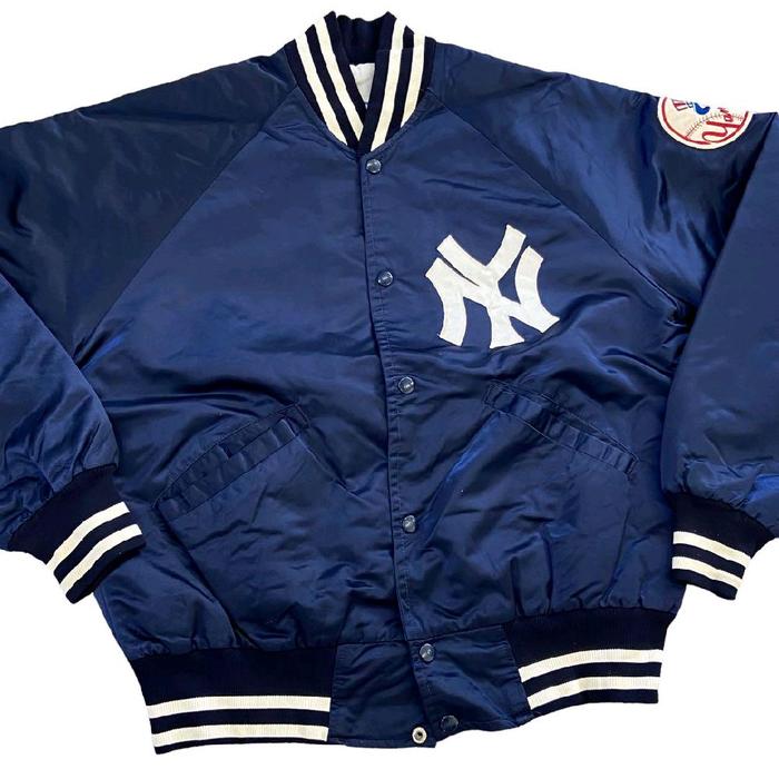 varsity NY yankees navy satin 1990's Pria Jaket Baju Dewasa Cowok