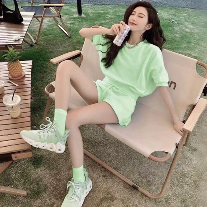T shirt + celana pendek set Hijau wanita casual set wanita Impor SS0205
