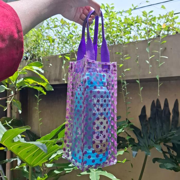 TAS MIKA BENING BOTOL 10 x 10 x 25 cm - Goodie bag Tumbler transparan motif mika ungu - Tas botol 1