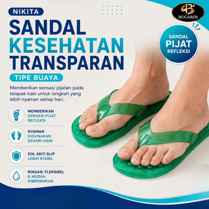 BUGARIN Sandal Kesehatan Nikita Transparan Tipe Buaya Duri Besar – Sandal Refleksi PVC Lentur untuk 