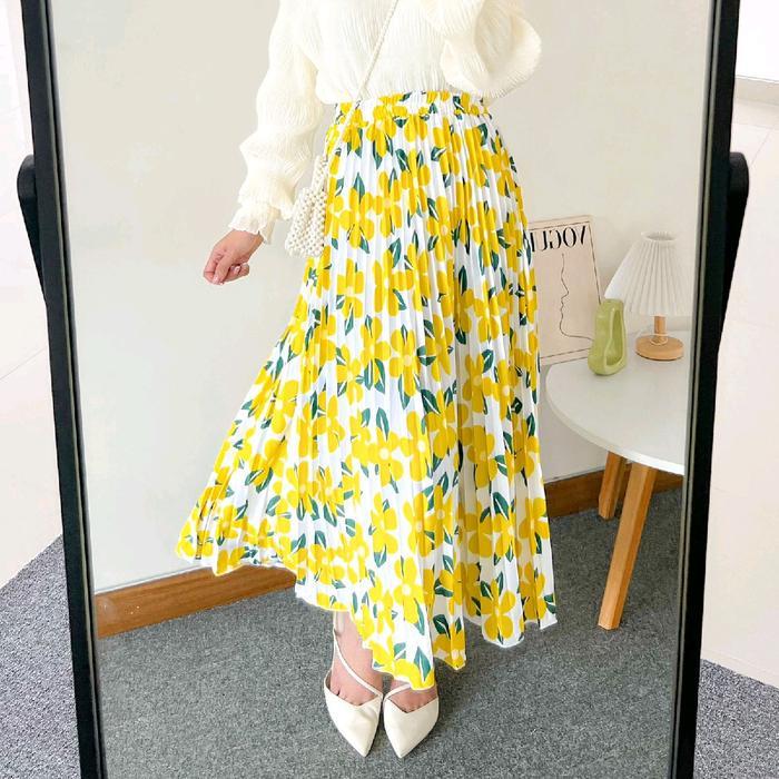 Rok Plisket Motif Flower Rok Plisket Bunga Ootd Rok Plisket