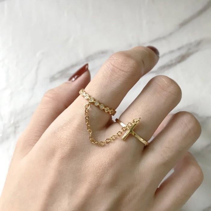 Dear Me - Croix Ring (925 Sterling Silver 14K Gold Plating & Crystal) Cincin
