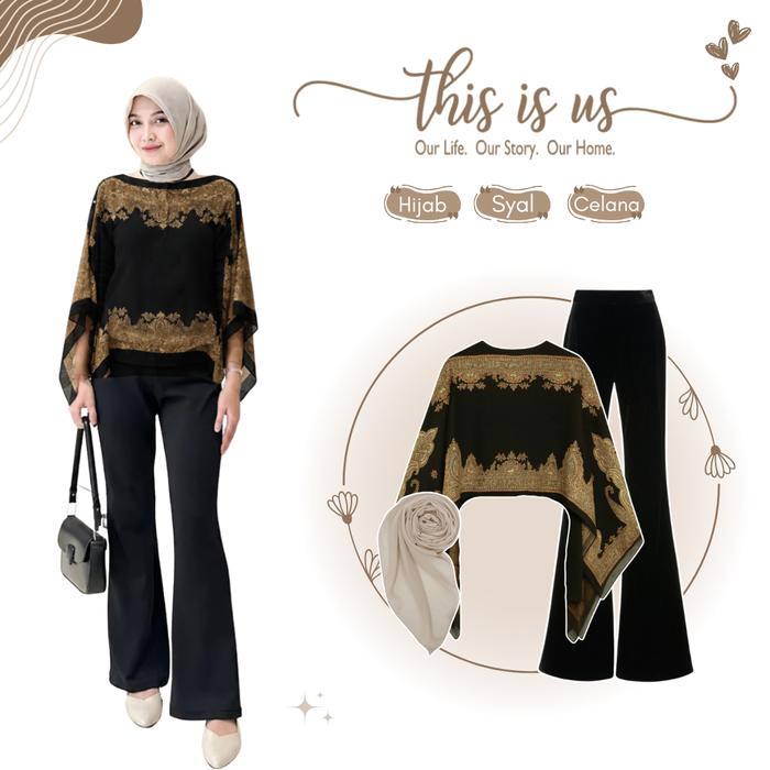 One Set Hang Out 2026 | Syal Hitam Look + Celana Cutbray + Hijab | Baju Setelan Wanita - CM261N