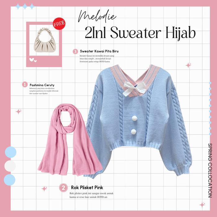 Baju One Set Hijab Style Rok Dan Atasan Pasmina, Sweater Kawai Biru Pita , Rok Plisket Pink Outfit C