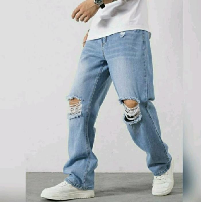 celana jeans panjang standar sobek tembus longgar pria basic reguler / Celana jeans cowok dewasa sob