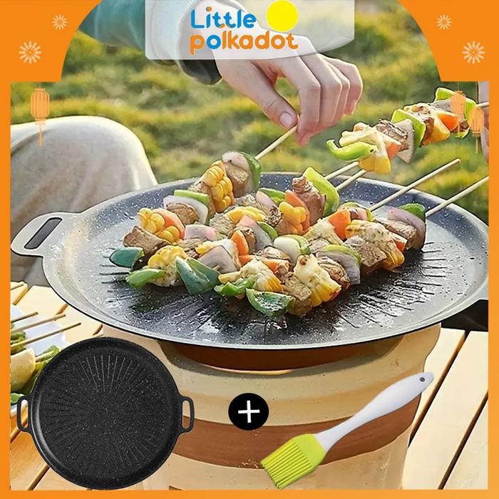 【Littlepolkadot】Panggangan Bulat Anti Lengket Alat Panggangan BBQ Grill Pan Hadiah Gratis Grill Brus