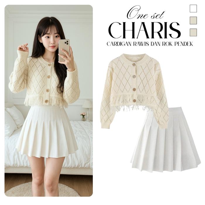 Charis One Set Outfit Wanita Korean Cute Style 3in1 atasan Cardigan Rajut Rawis Broken White & Rok M