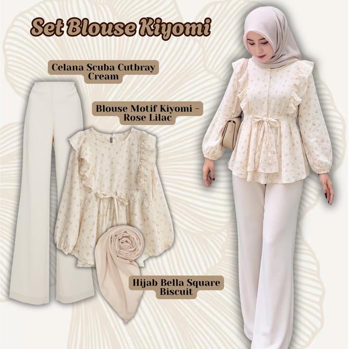 [ST009] Set Blouse Kiyomi Rose Lilac & Hijab Biscuit | One Set 3in1 | Celana Scuba Cutbray Cream | T