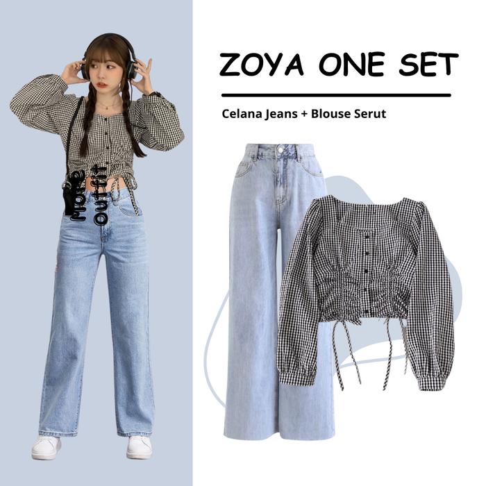 Setelan Wanita One Set Korean Style OOTD 1 Set Blouse Serut + Celana Jeans Outfit Simple - ZOYA