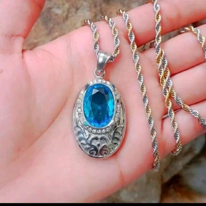 liontin kalung titanium batu permata blue topaz cutting dim 18mm lengkap booster