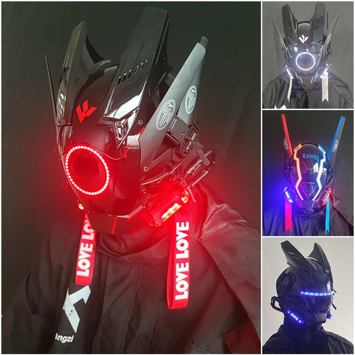 Cyberpunk Helm Shinobi Samurai Masker Cosplay Gimbal dengan Lampu Led