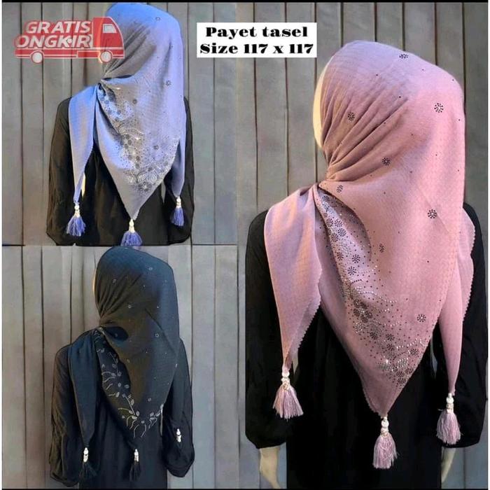 Hijab Segi empat payet tasel jambul motif butik mewah trend/potton star payet jambu pompom/kerudung 