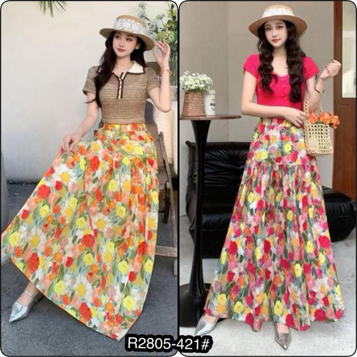 Rok Wanita BKKkekinian Free Size Panjang 95cm Bawahan Dewasa Nyaman Cantik Katun Motif Bunga Bahan S
