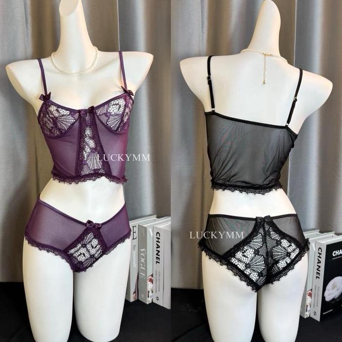 Set Lingerie Wanita Baju Tidur Lembut Tali Adjustable Hitam Ungu