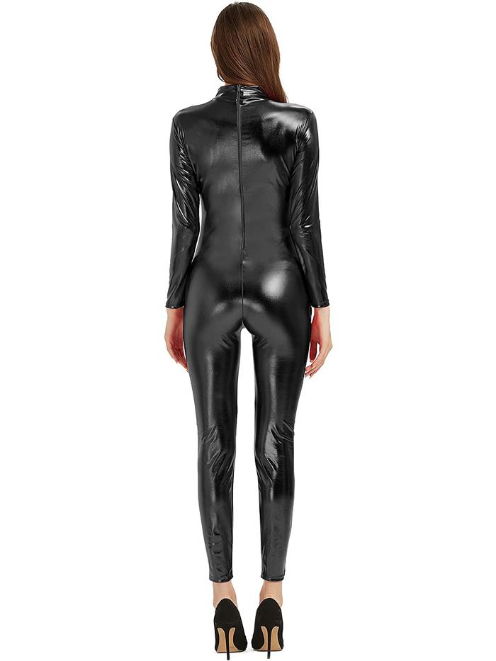 speerise Women Shiny Metallic Unitard Long Sleeve Catsuit Bodysuit Spandex Turtleneck Long Sleeve Fo