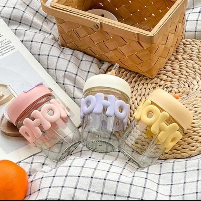 casaloger Gelas Kaca Lucu Botol Minum Kaca Hoho Sedotan Korea Tumbler Aestetic Tumblr