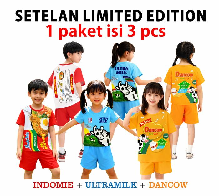 Paket Promo Setelan ( isi 3 ) untuk cewek & cowok Usia 1 - 8 Tahun motif Limited Edition chitato + i