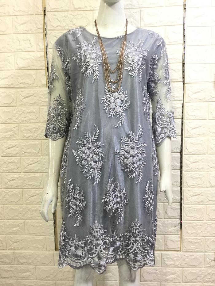 Brukat bunga dress abu silver wanita