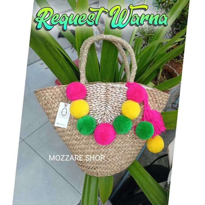 tas mendong bakul pom pom |tas anyam bali