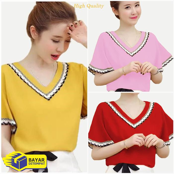 Baju Blouse Korea Lengan Pendek Atasan Wanita Cewek Casual Kekinian TY