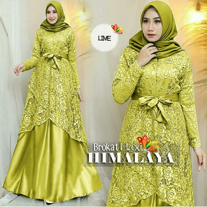 Queen gamis brukat maxi himalaya lime dres baju busana muslim