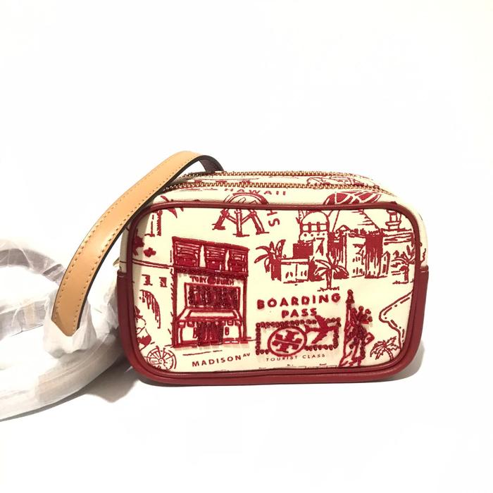 Tb perry mini bag canvas red destination double zip sz 18x12
