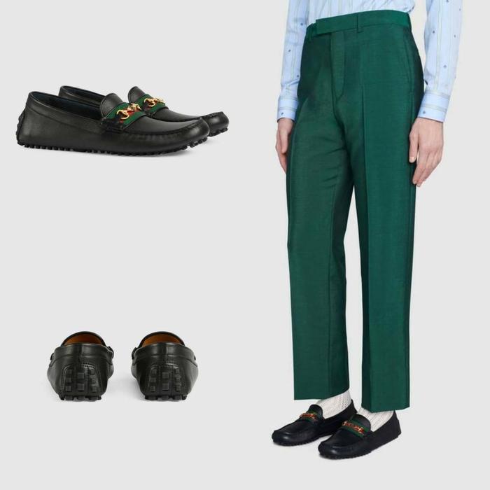 GUCCI Men Driver Horsebit Loafers/ Slip On in Black with Red/ Green We