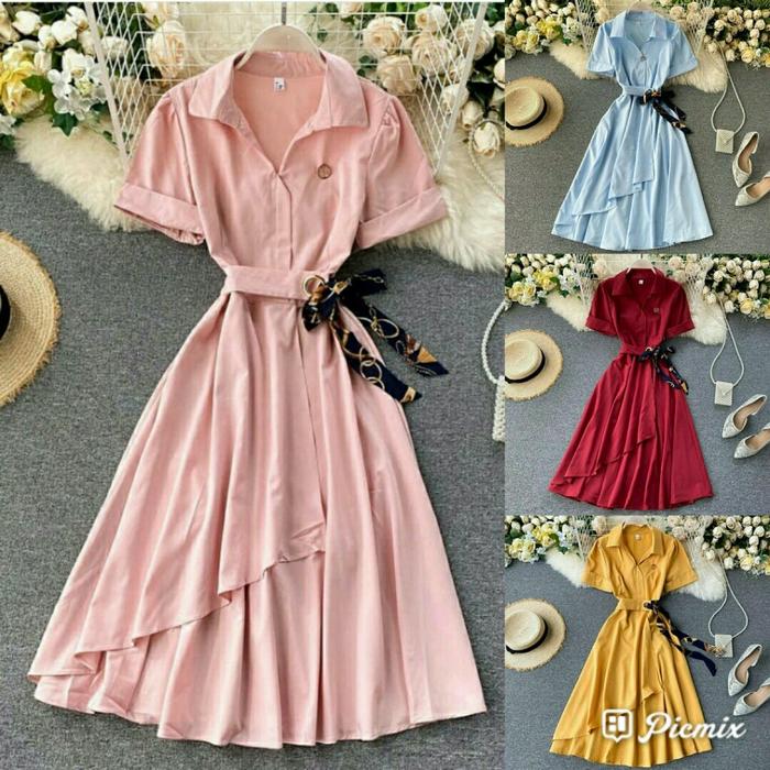 es dress Hemer Biru Dusty Mustard Merah Bahan moscrepe